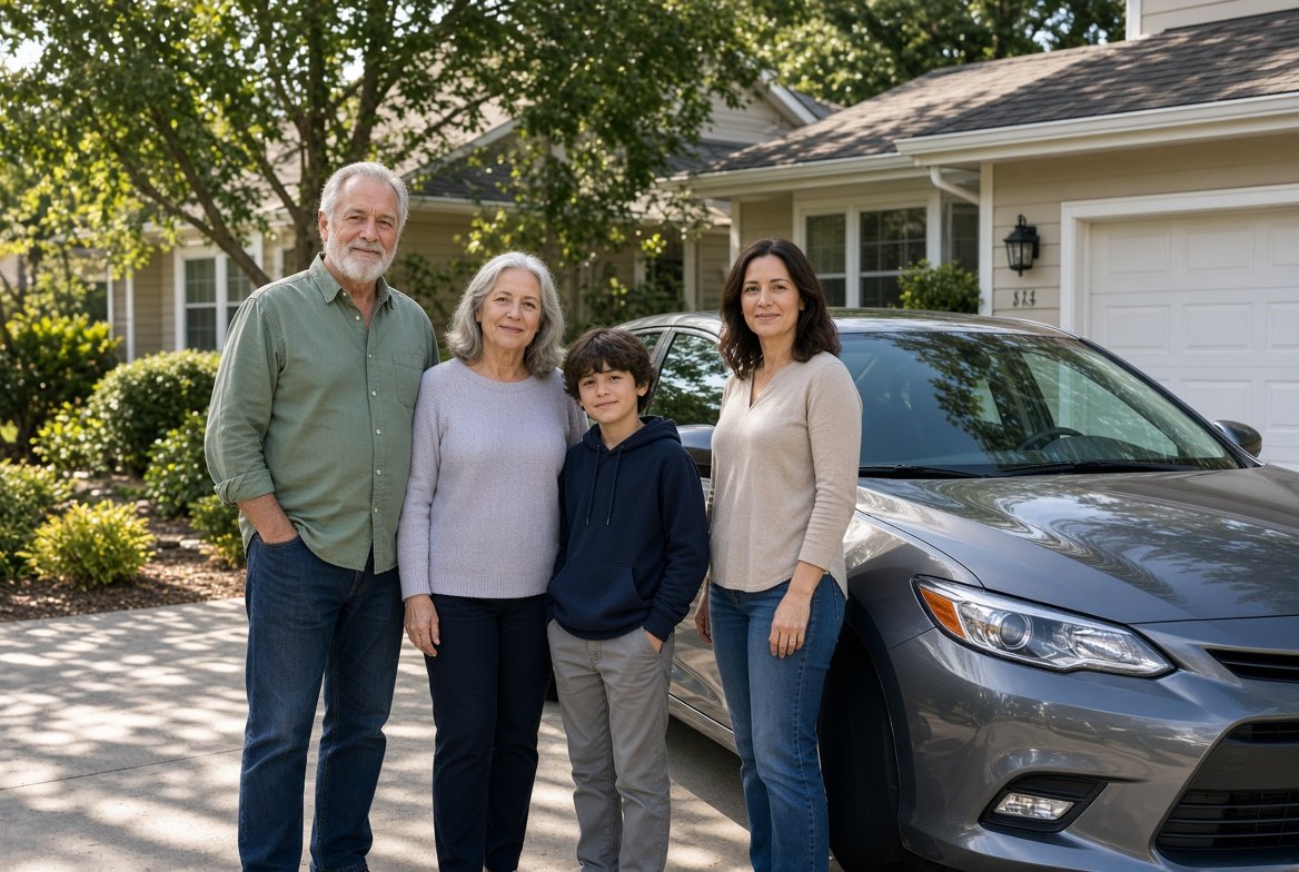 Family standing beside a modern sedan parked in a residential driveway on a sunny day